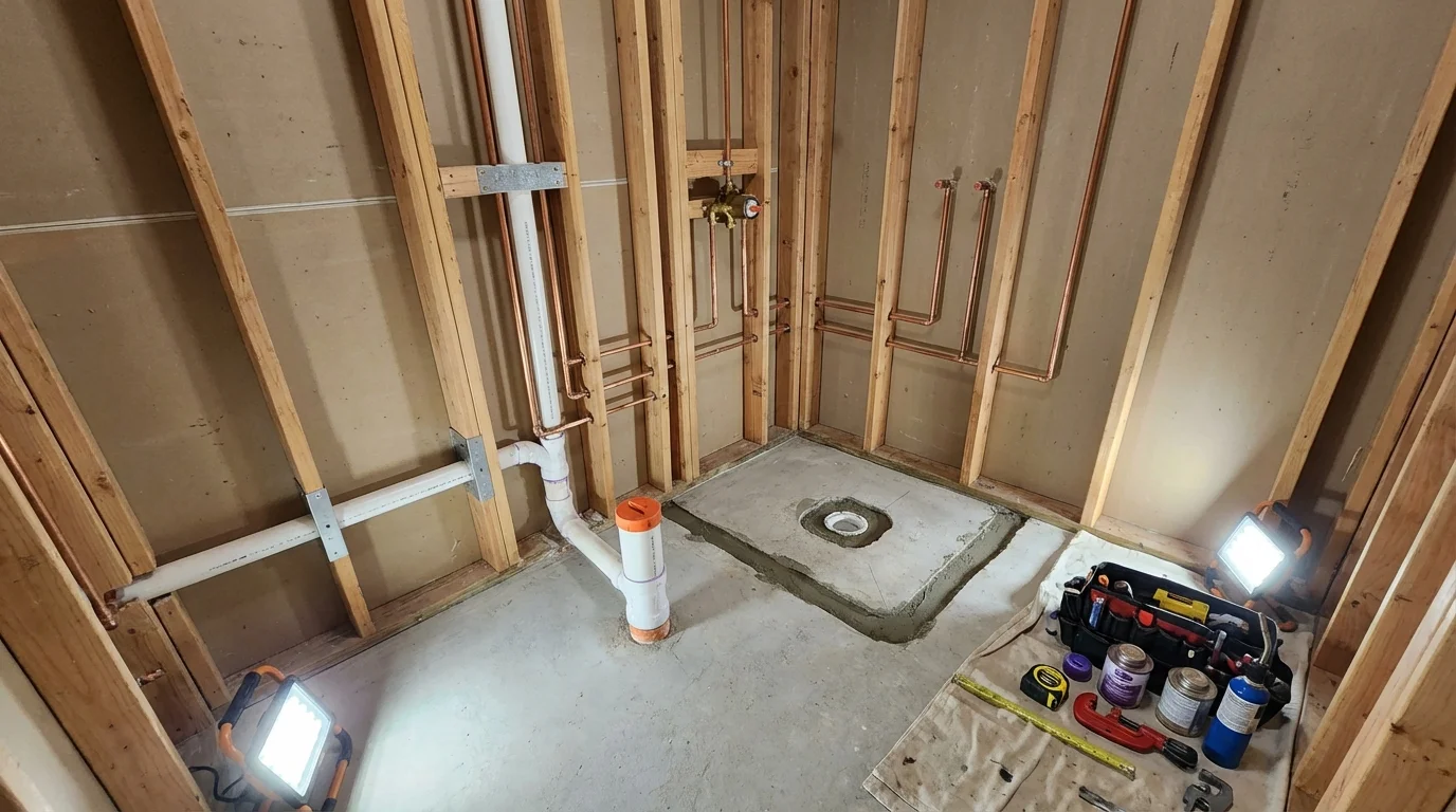 Bathroom rough-in plumbing during remodel by Johns Plumbing LLC in North Myrtle Beach