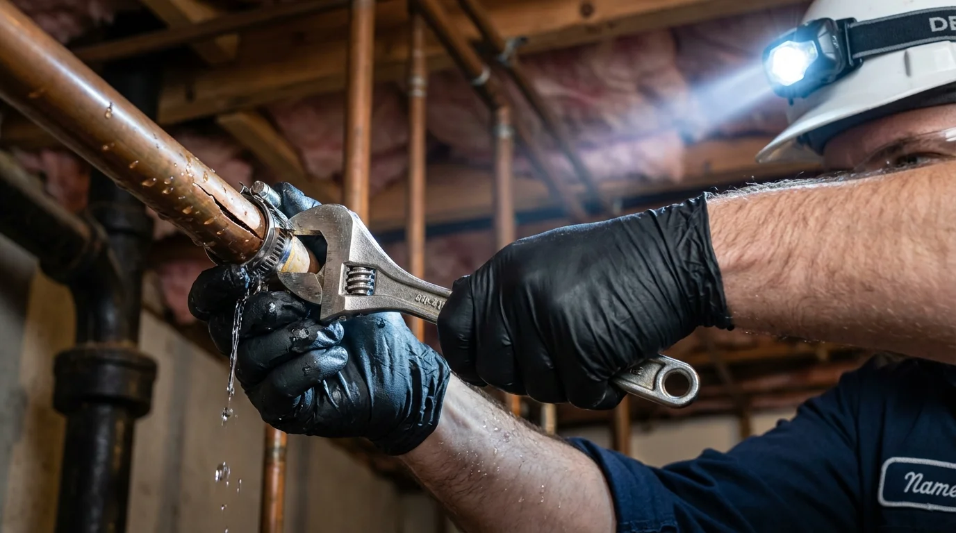Emergency pipe clamp repair being performed by a Johns Plumbing LLC plumber in North Myrtle Beach