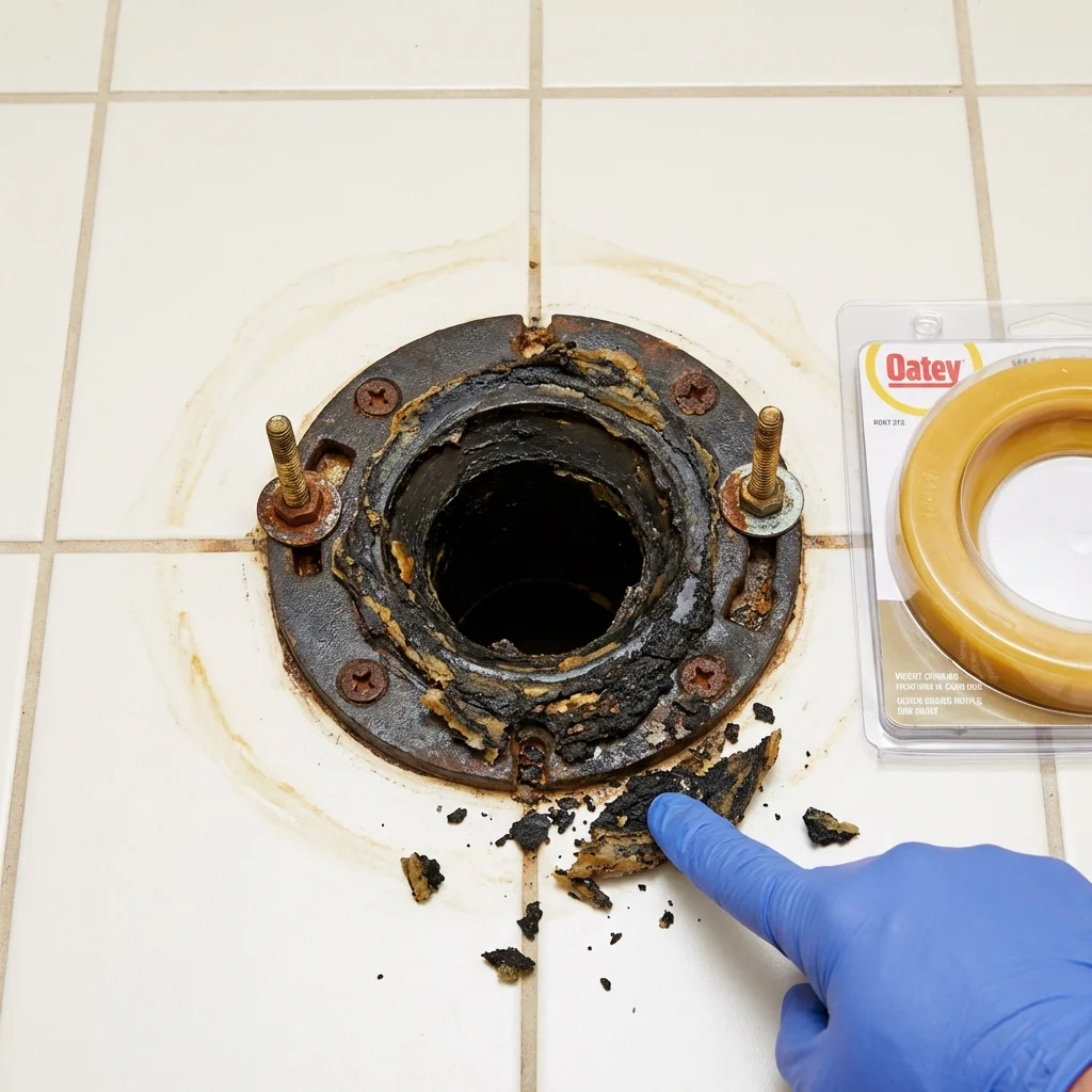 Failed wax ring showing water seepage at the base of a toilet in a North Myrtle Beach, SC home