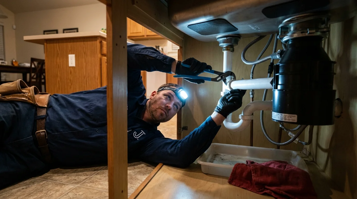P-trap and supply line connections under a kitchen sink showing a common leak point in North Myrtle Beach, SC
